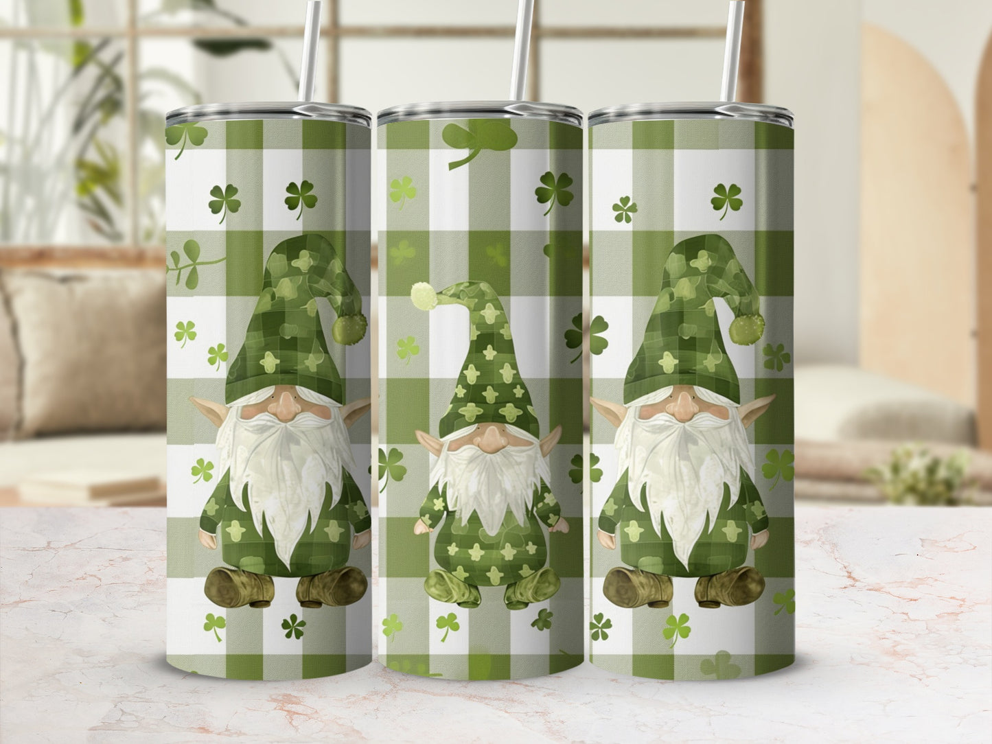 Three St. Patrick's Day gnomes with shamrocks on a green plaid tumbler.