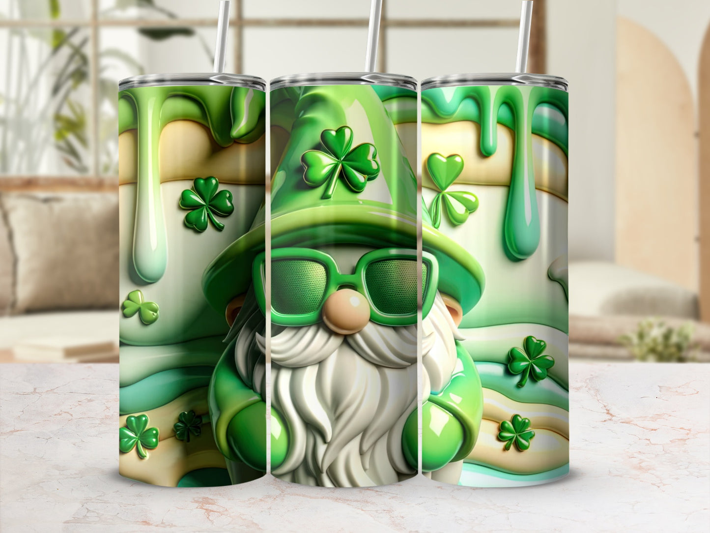 Green gnome with sunglasses and shamrocks on a marbled surface.