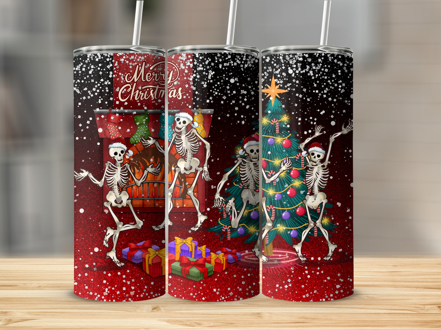 Dancing skeletons in Santa hats with a fireplace and Christmas tree.