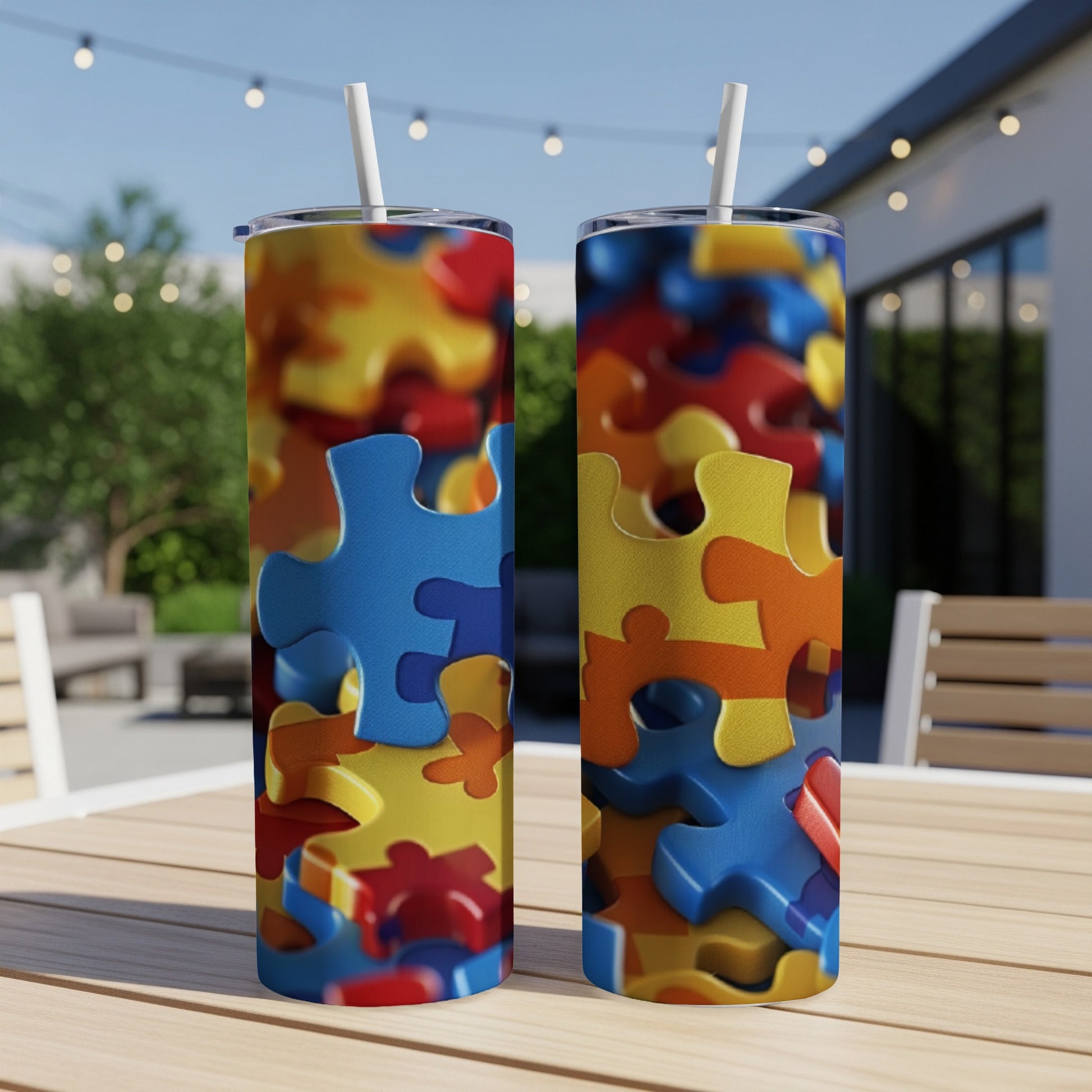 Two tumblers with colorful puzzle piece pattern on a wooden table.
