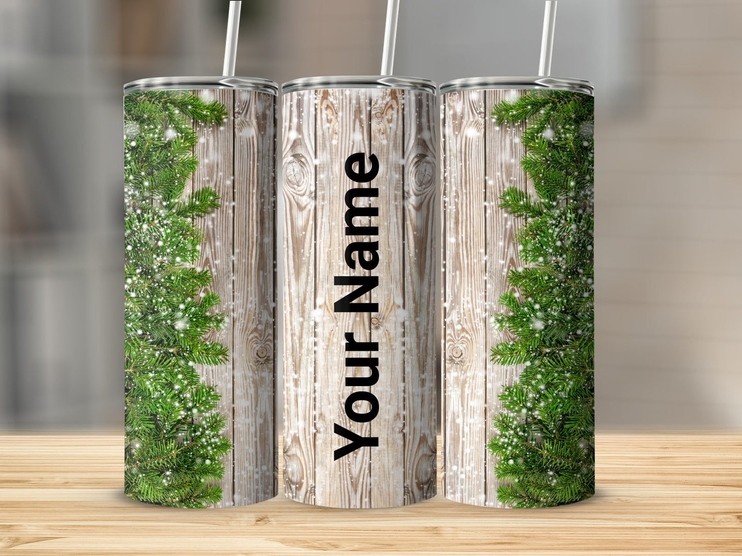 Customizable Christmas Tumbler with Rustic Wood Design