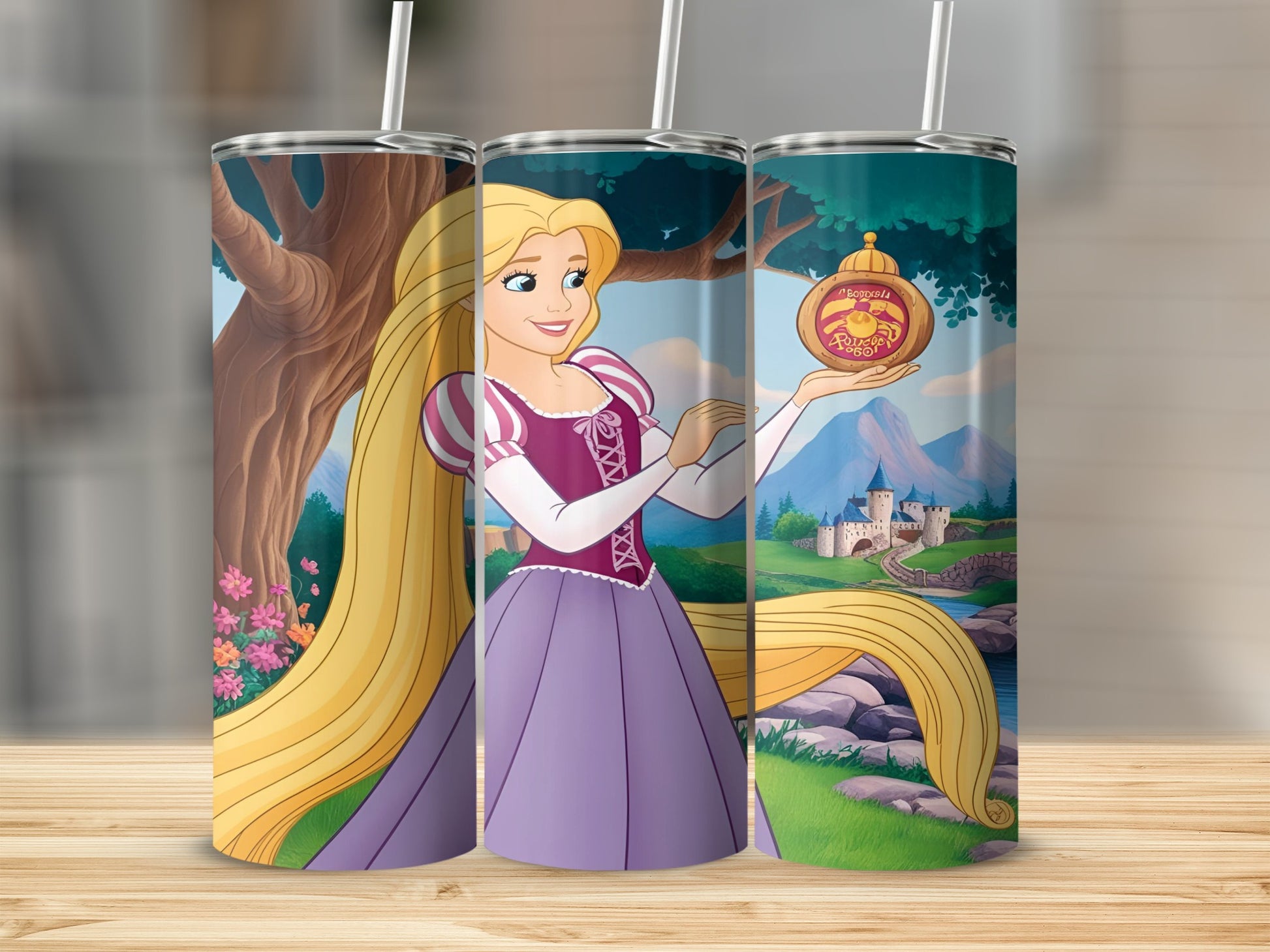 Rapunzel holding a lantern in a castle landscape, 3 tumblers.
