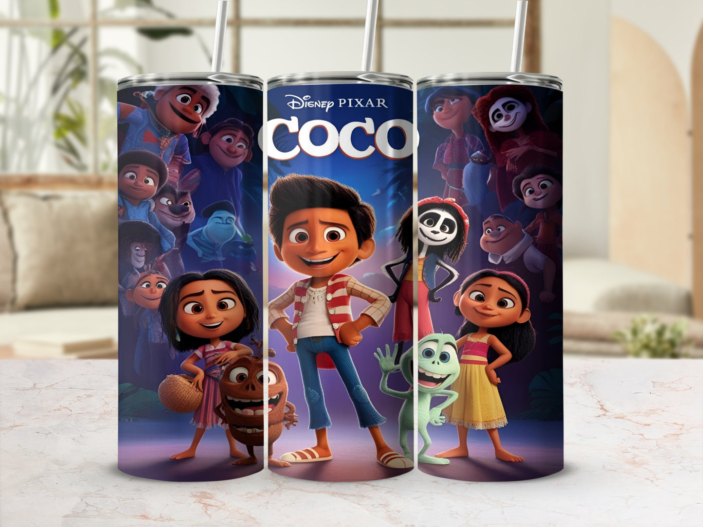 Disney Coco characters Miguel, Hector, and other movie figures on a tumbler.