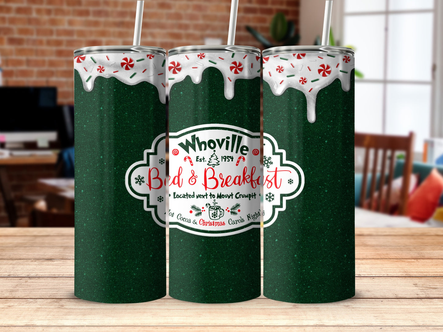 Green glitter tumbler with "Whoville Bed & Breakfast" Christmas design.