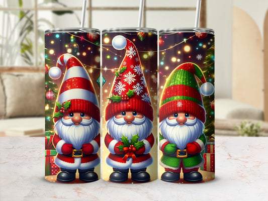 Three smiling gnomes in festive hats and outfits with Santa hats, holding holly and surrounded by Christmas lights and presents.