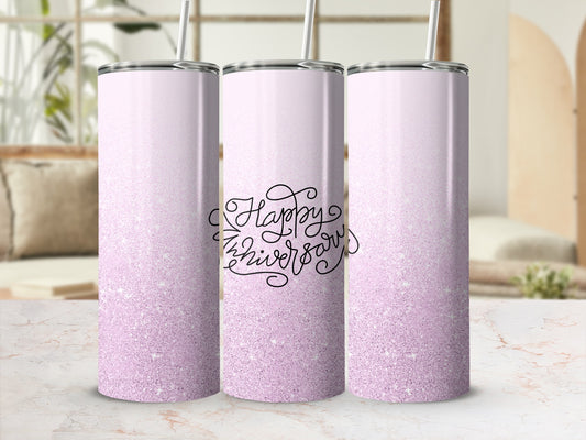 Pink glitter tumbler with "Happy Anniversary" script.