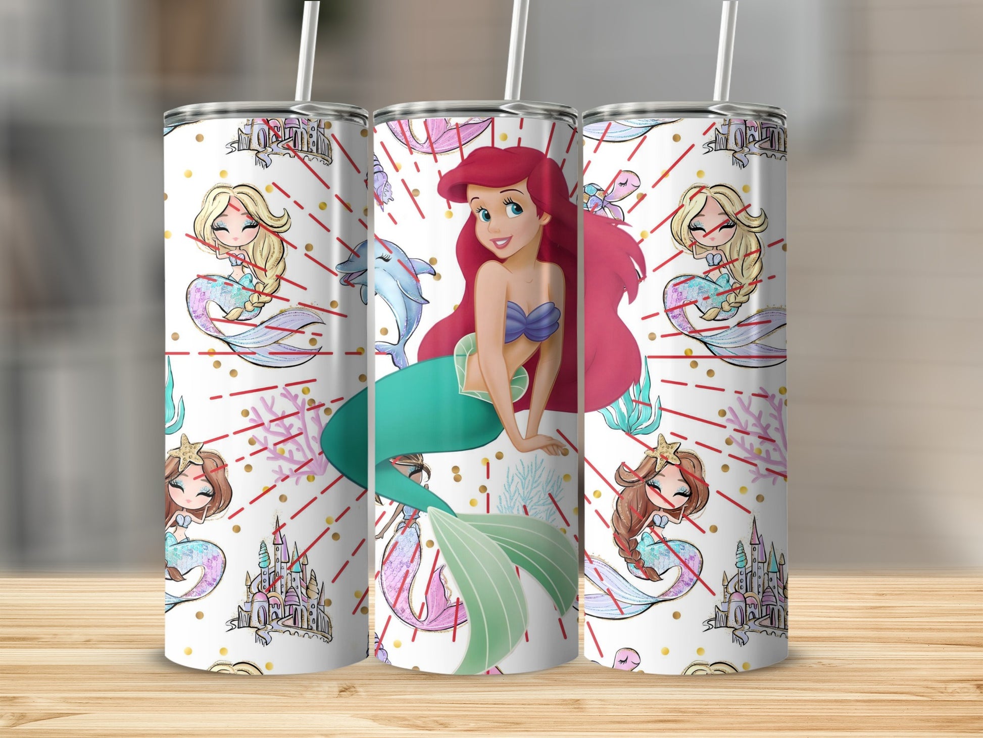 Colorful Mermaid Themed Design Tumbler with Straw