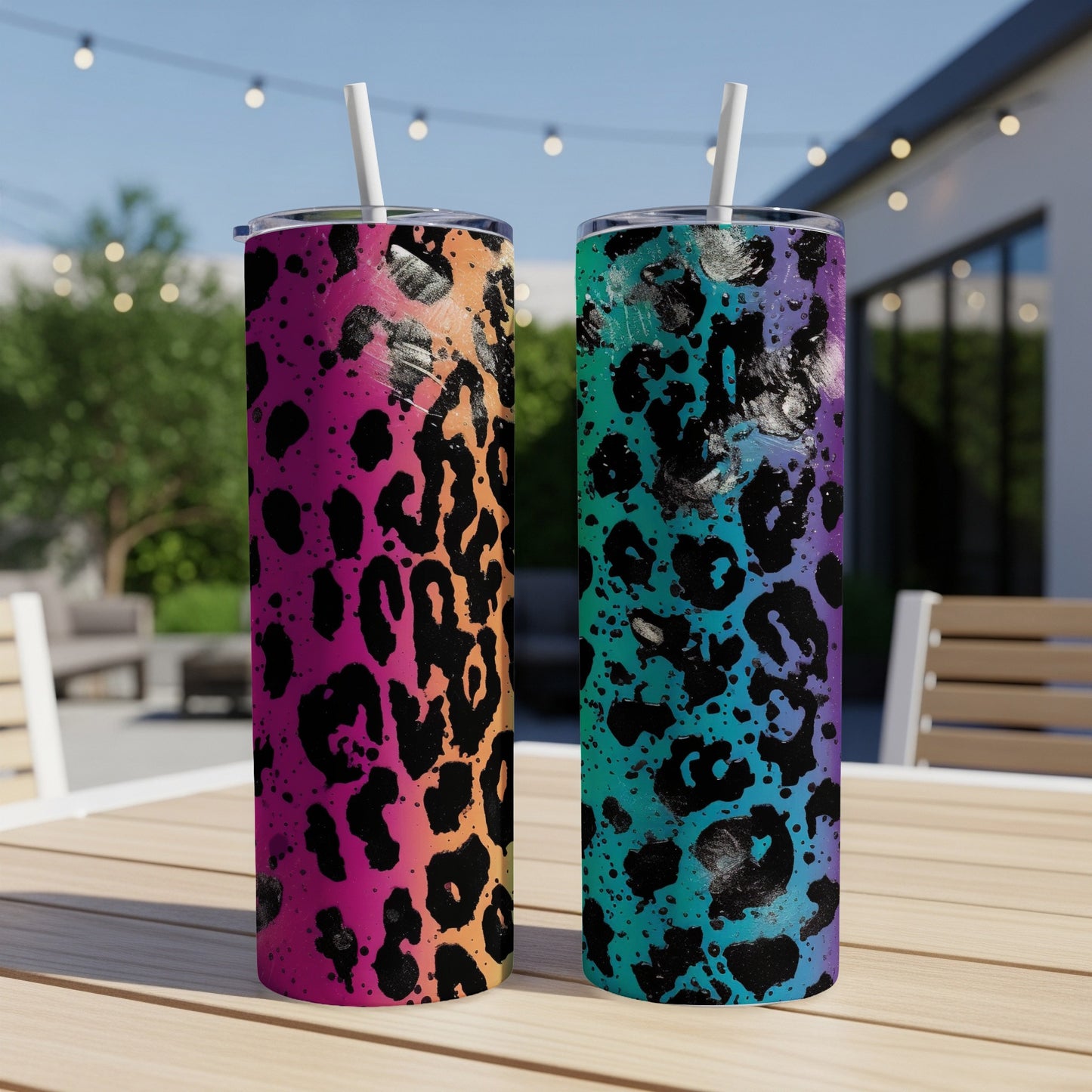 Two tumblers with leopard print in vibrant pink, orange, and teal gradients.