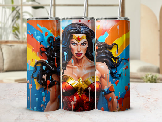 Vibrant Wonder Woman Artwork on Insulated Tumbler