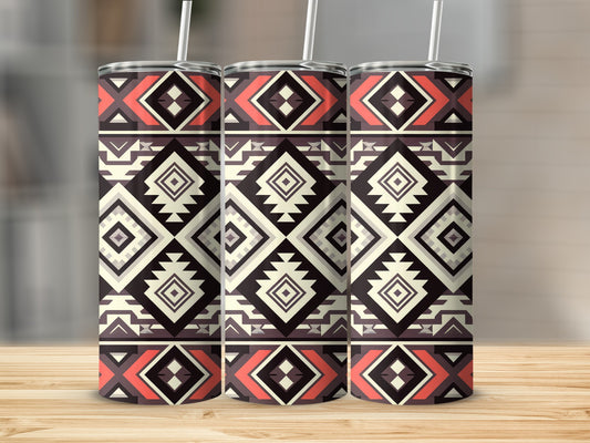 Three tall tumblers with a geometric diamond and chevron tribal pattern.