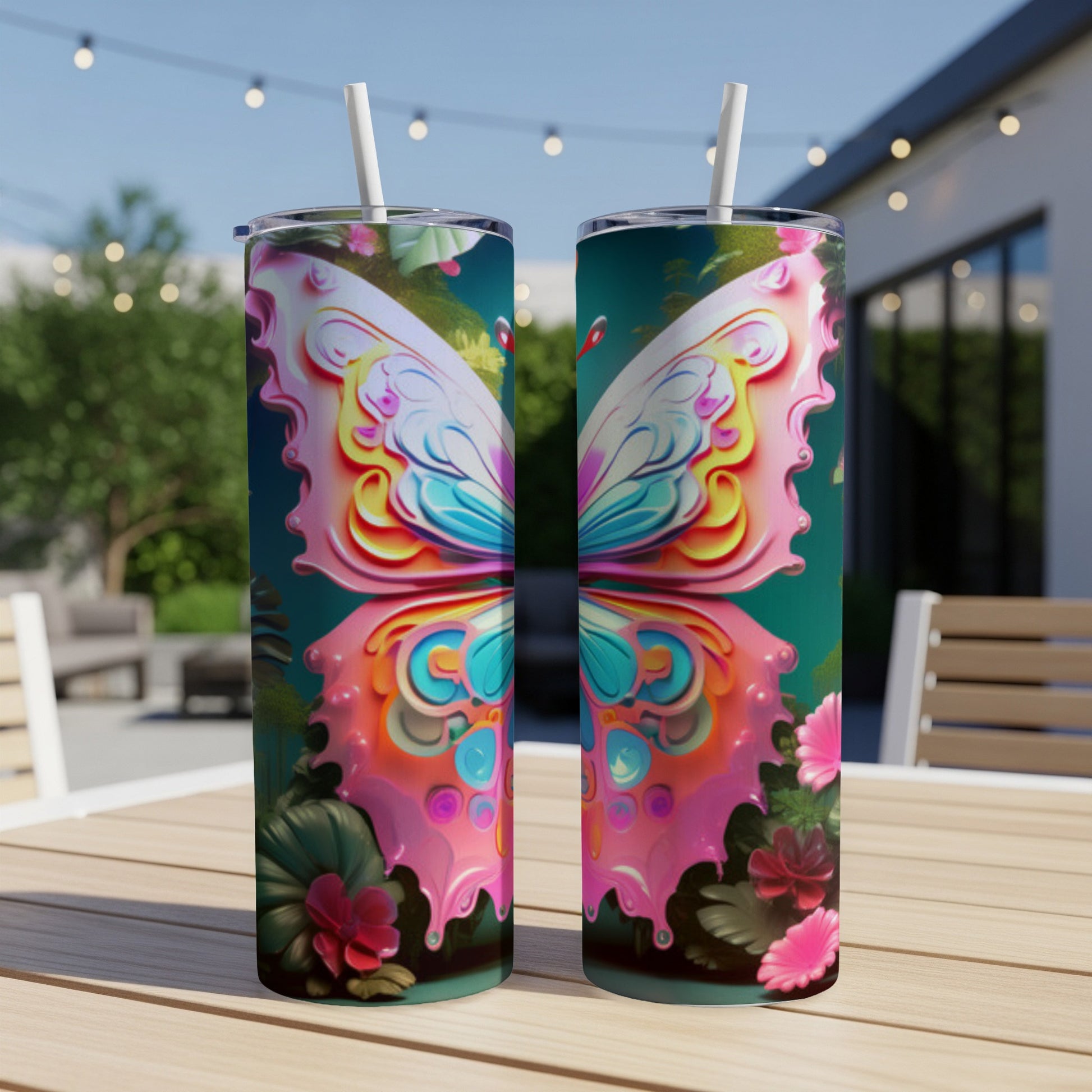 Two tumblers with vibrant butterfly wings design on a wooden table.