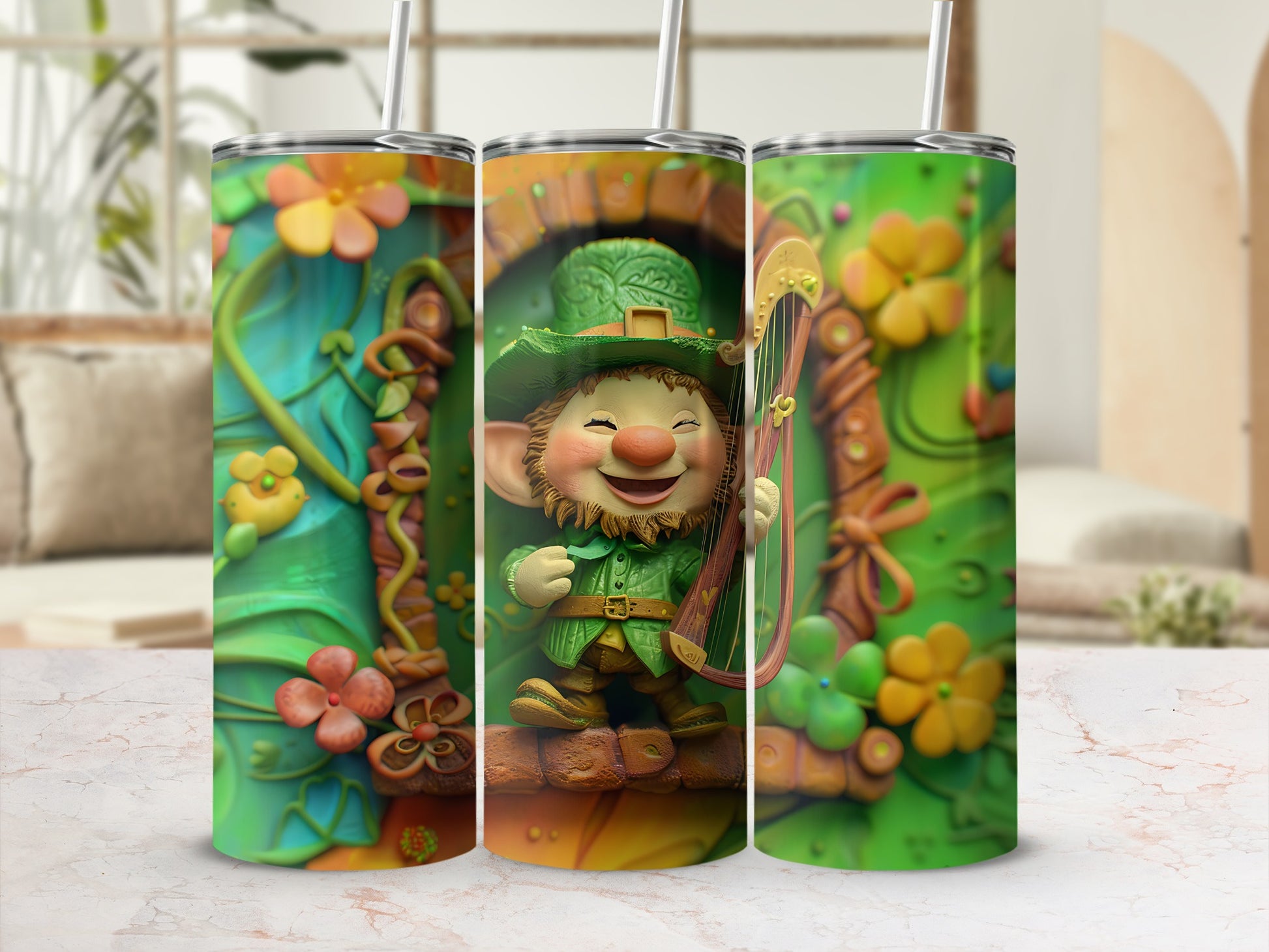 Leprechaun playing a harp in a whimsical doorway with floral accents.
