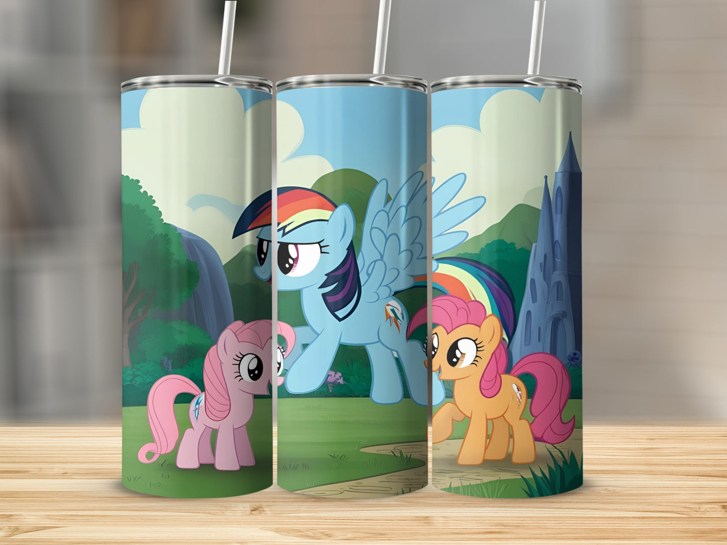 Three My Little Pony tumblers featuring Rainbow Dash and Pinkie Pie.