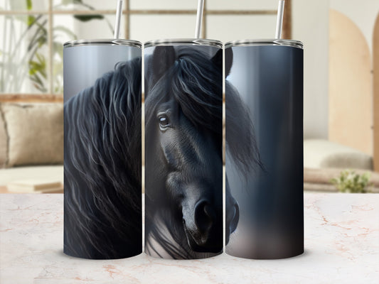 Black horse head wraps on three tumblers with straws.