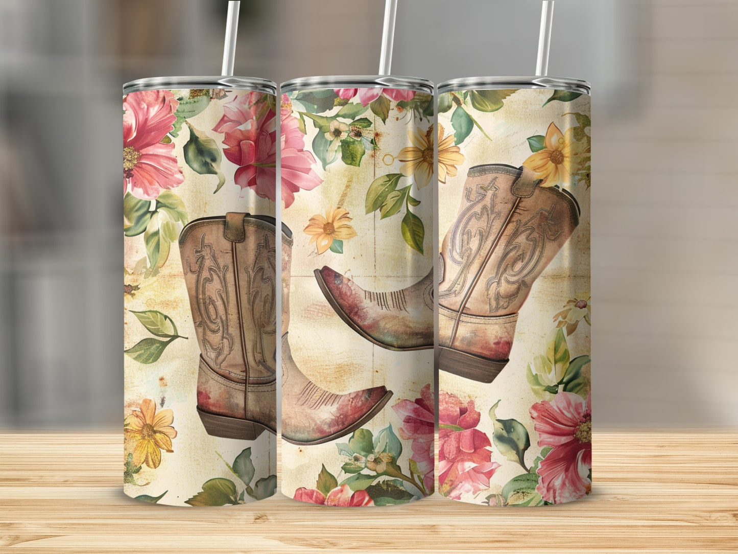 Three western boots on a floral background with straws.