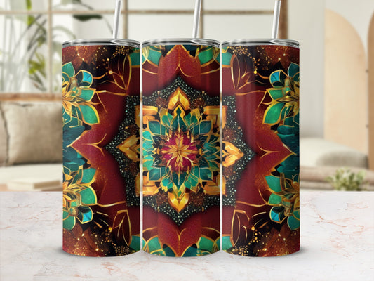 Three tumblers with a floral mandala pattern, dark red, gold, and teal.