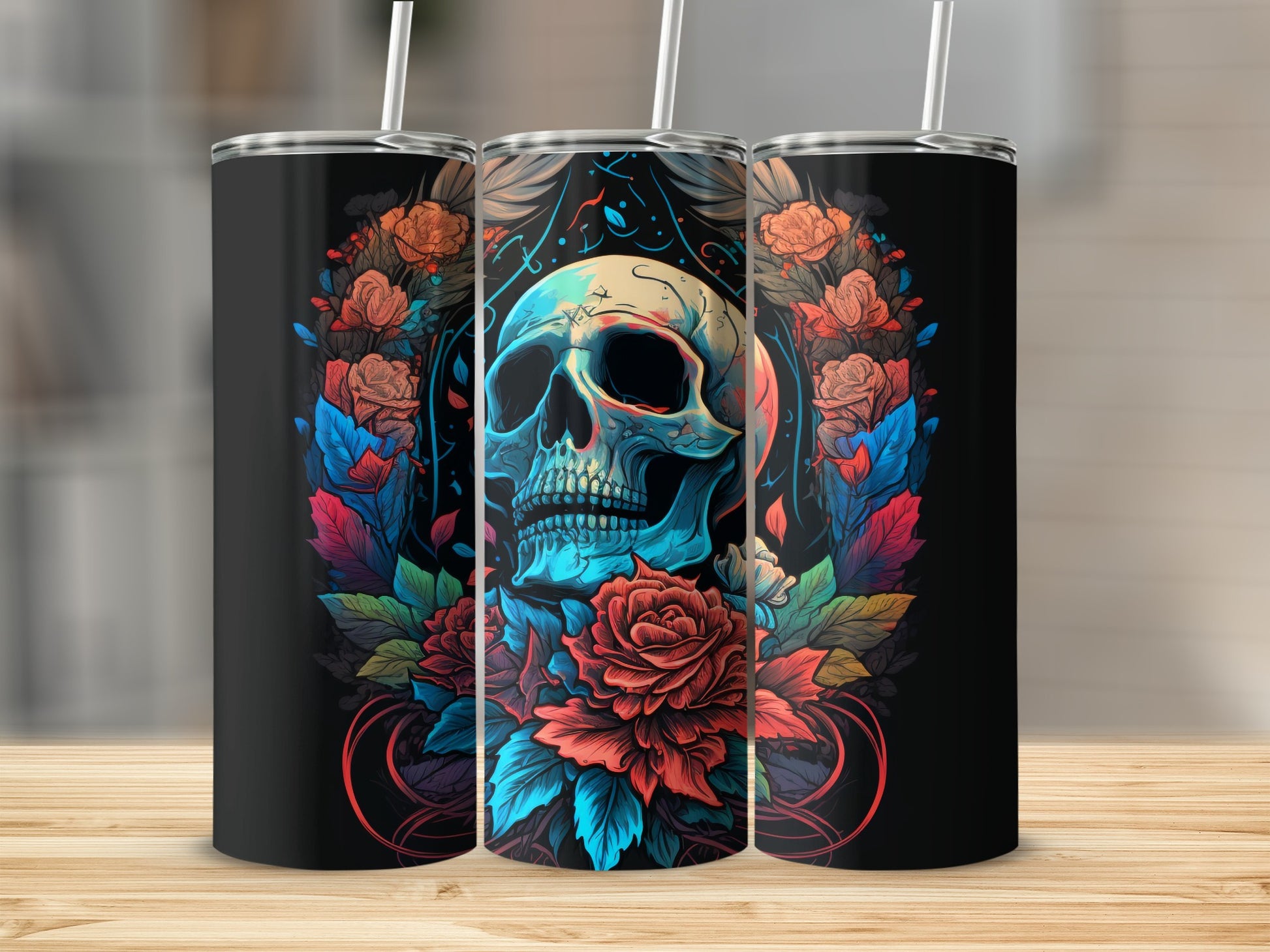 Skull and Floral Design Stainless Steel Tumbler