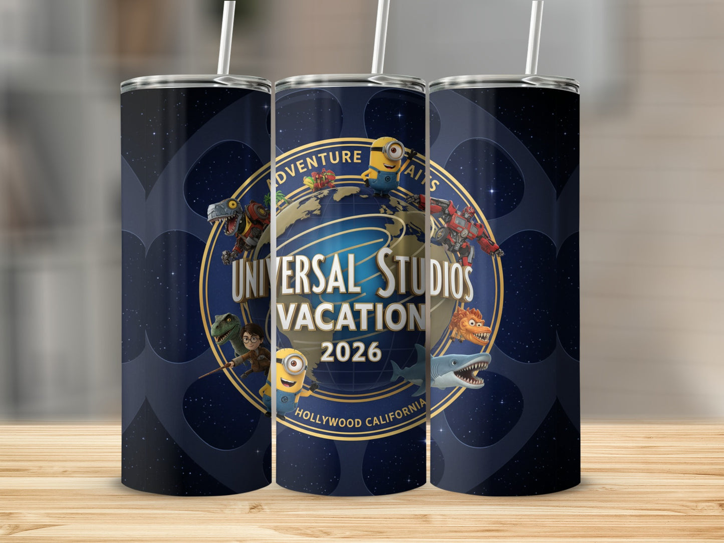 Universal Studios Vacation 2026 tumbler with characters and globe.