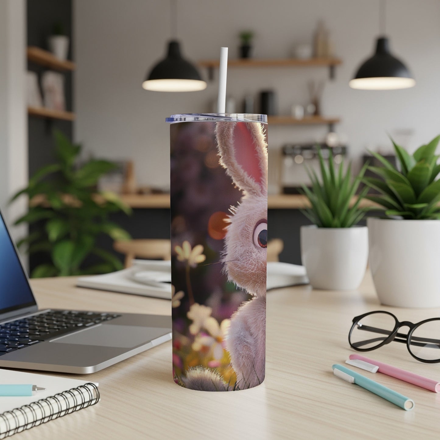 Fluffy Easter bunny peeking from behind a floral pattern on a white tumbler.