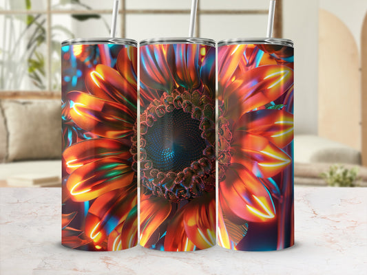 Three iridescent sunflowers with straws, in a bright, warm interior setting.