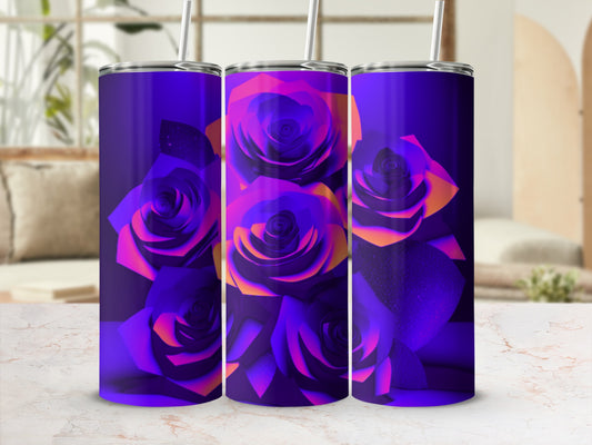 Purple tumbler with gradient pink and orange roses and white straw.
