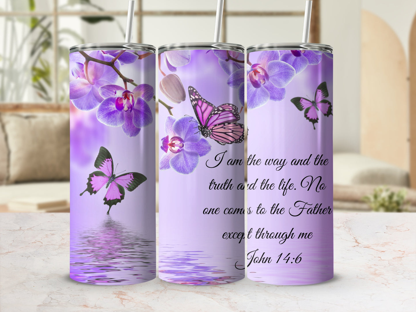 Floral Butterflies with John 14:6 Design Tumbler Cup