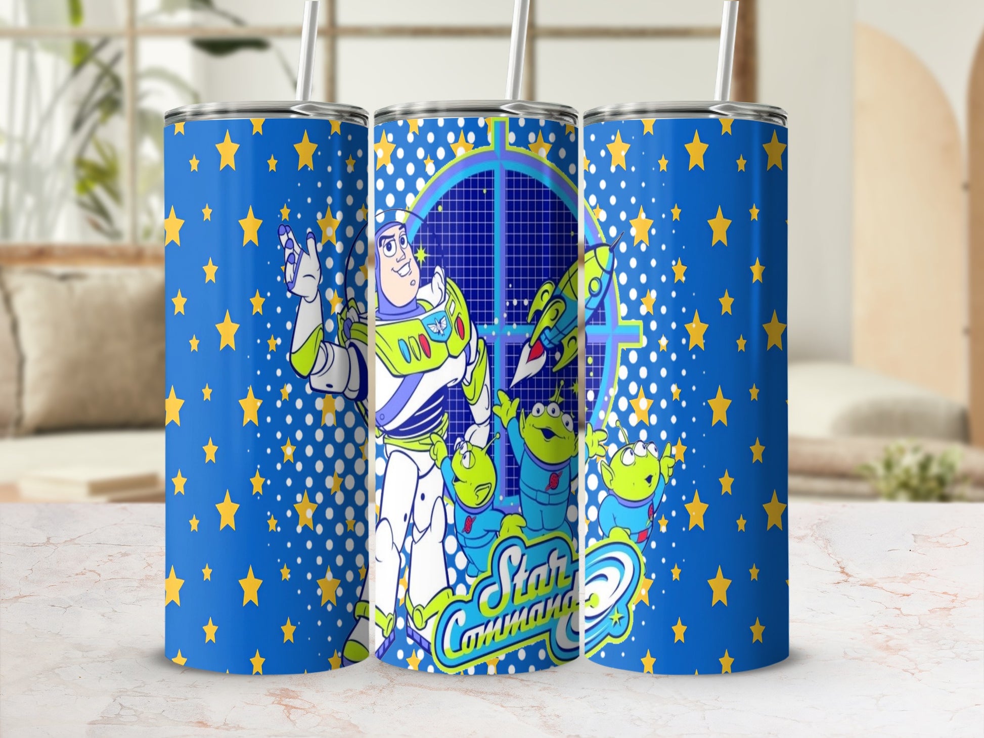 Buzz Lightyear and aliens on a blue starry tumbler with "Star Command" text.