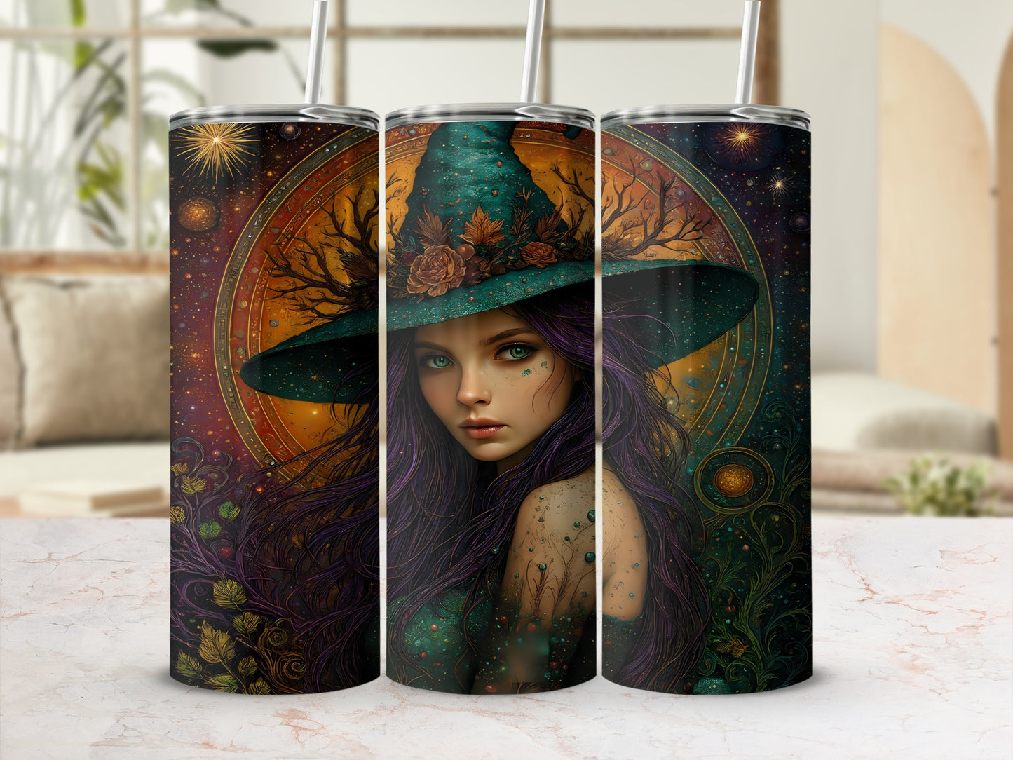 Three tumblers featuring a witch with purple hair and a green hat against a starry, celestial background.