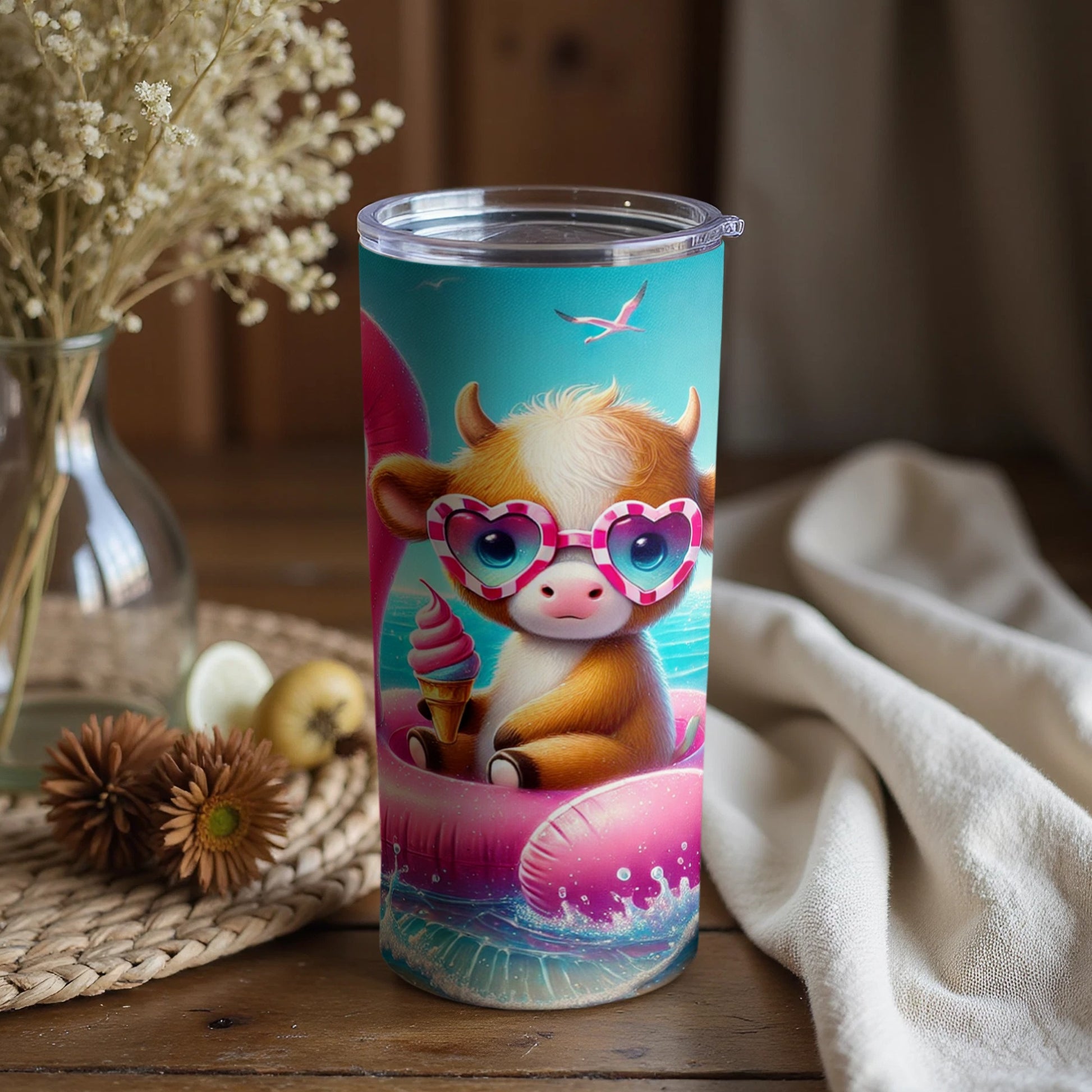 Cute Cow with Ice Cream and Sunglasses Tumbler Cup
