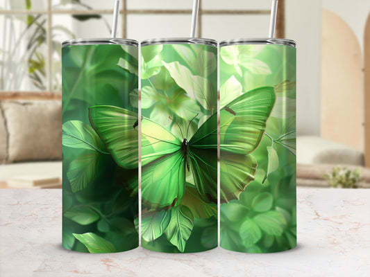 Three green tumblers with a large green butterfly and leafy background.
