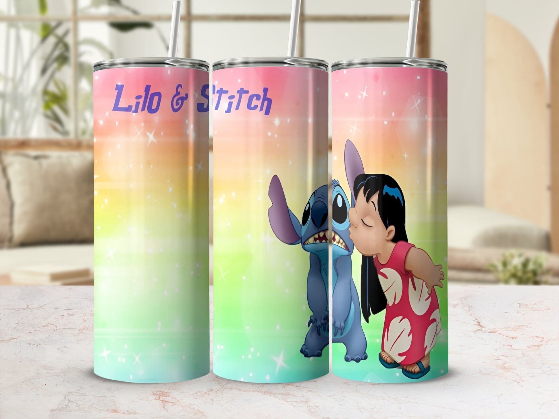 Lilo & Stitch tumbler with Stitch kissing Lilo on the cheek.