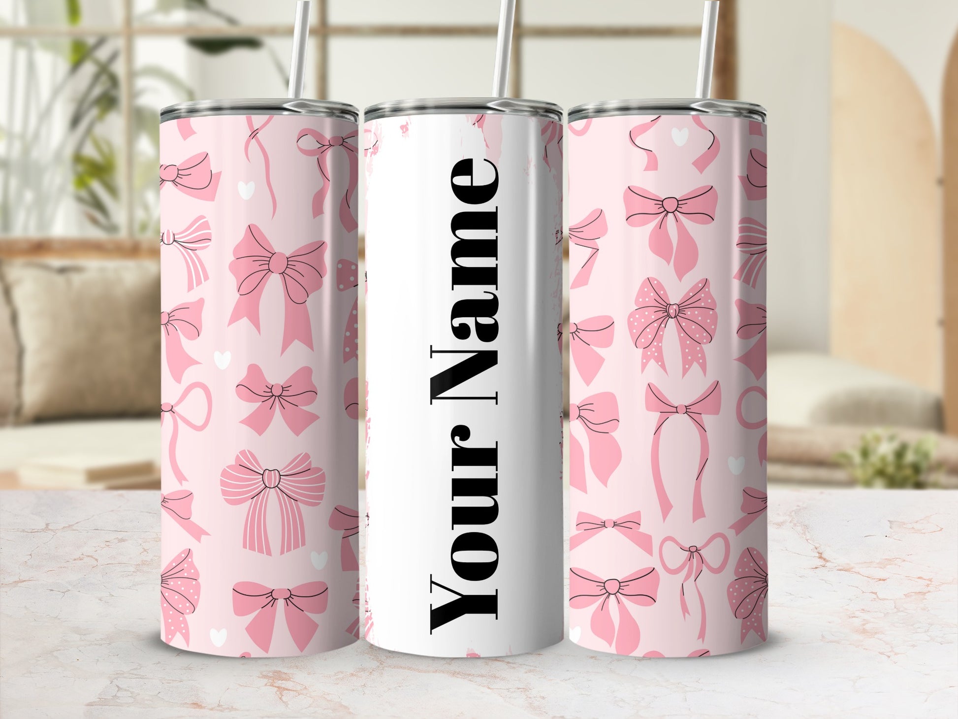 Personalized Pink Bows Design Tumbler with Straw