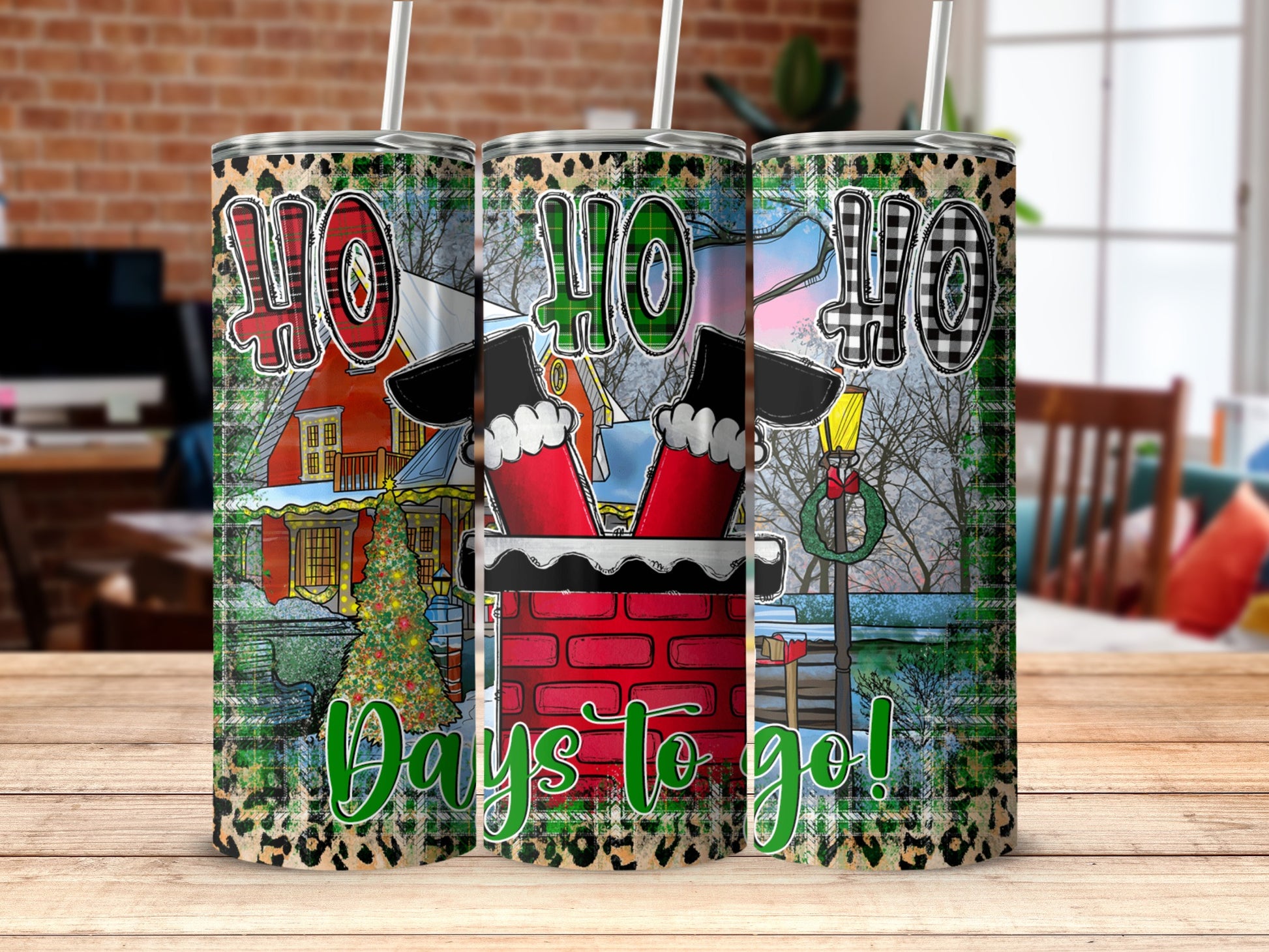 Three tumblers with Santa's legs in a chimney, "40 Days to go!"