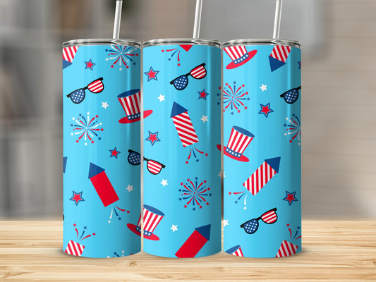 Red, white, and blue patriotic fireworks, hats, and sunglasses pattern on three tumblers.