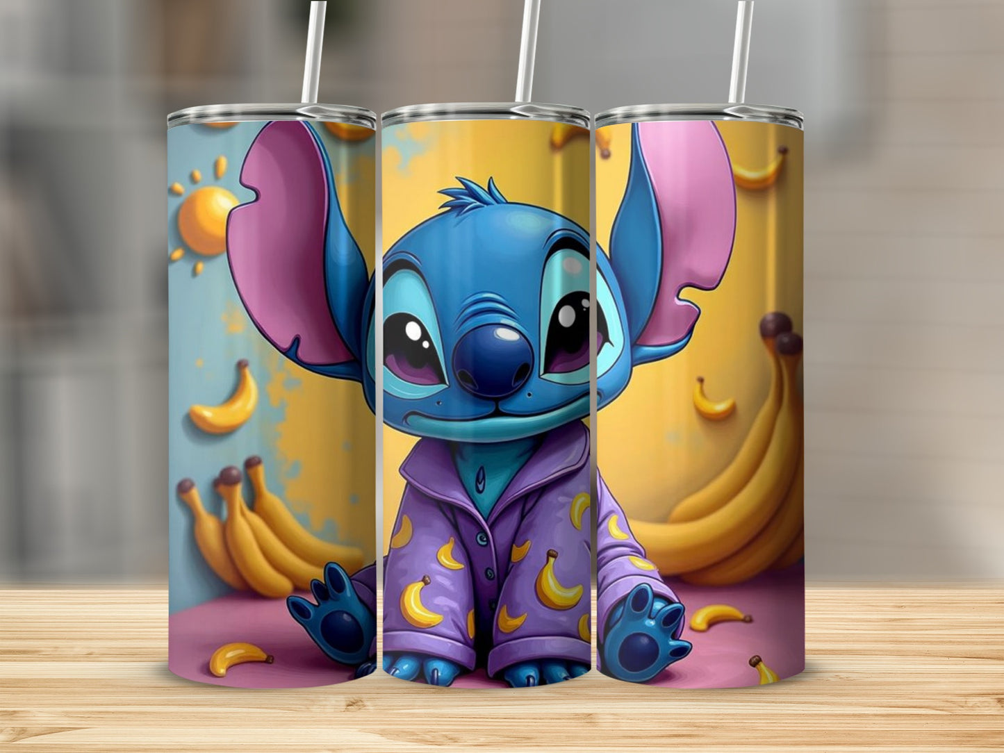 Cute Blue Cartoon Character and Bananas Tumbler Cup