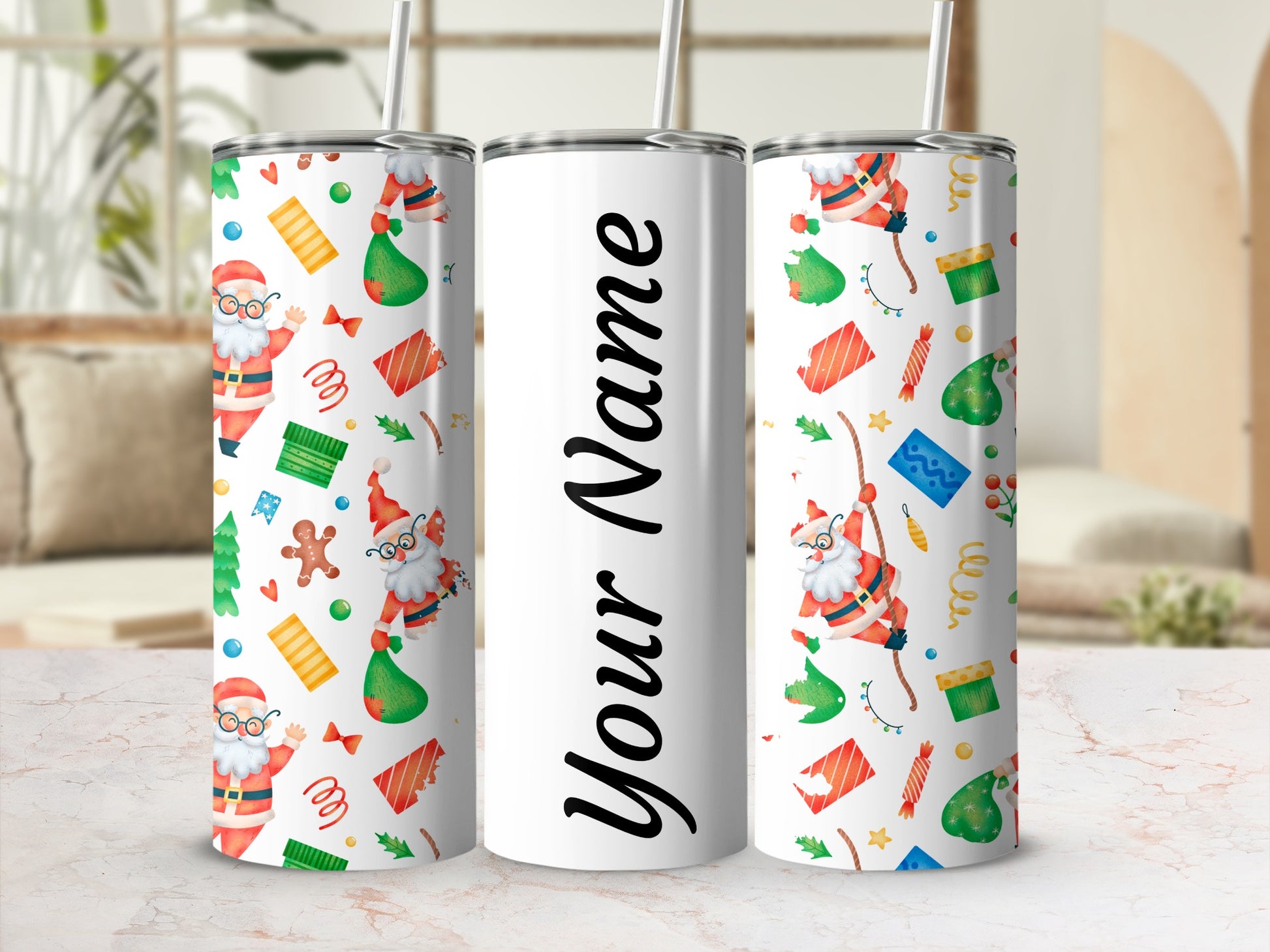 Custom Christmas Santa Design Tumbler With Straw