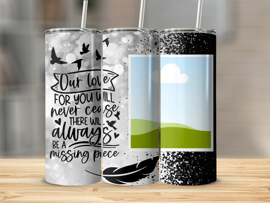 Three tumblers featuring black and white memorial designs with birds, a feather, and text.