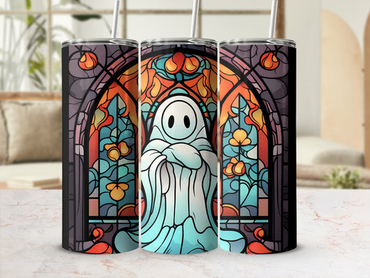 Ghost in stained glass design on three tumblers.
