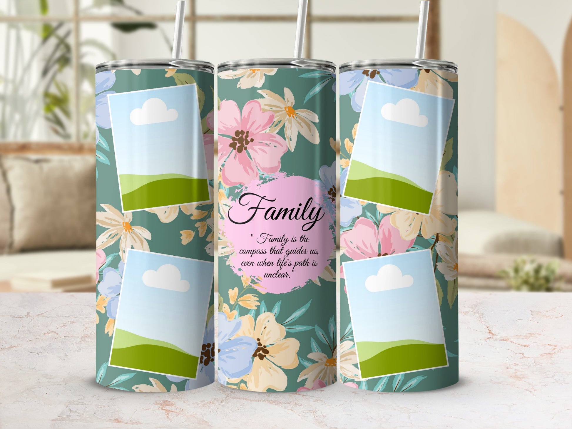 Tumblers with a floral pattern, photo placeholders, and the quote "Family is the compass that guides us".