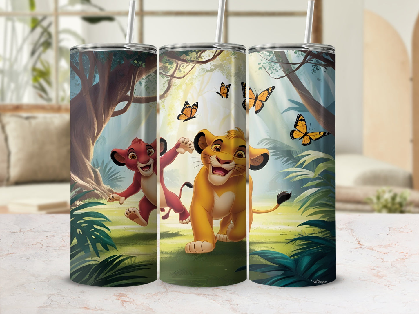 Simba and Nala running through a forest with butterflies.