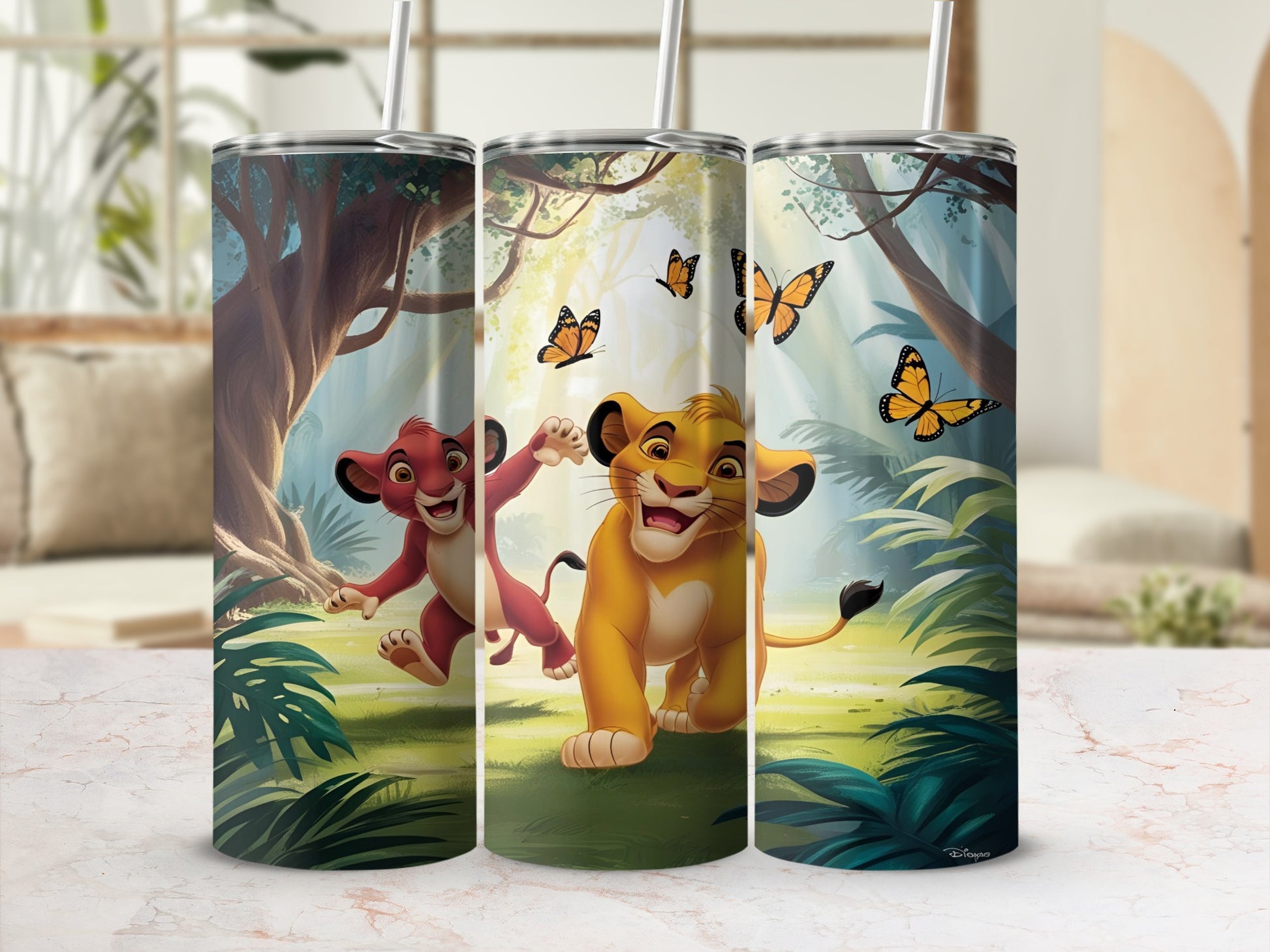 Simba and Nala running through a forest with butterflies.