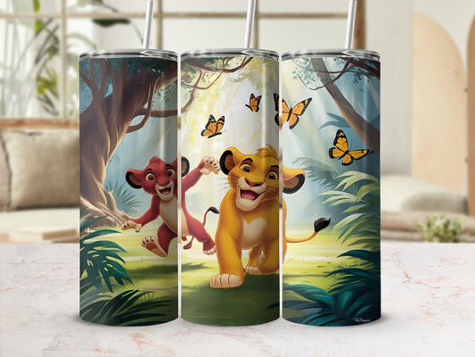 Simba and Nala running through a forest with butterflies.