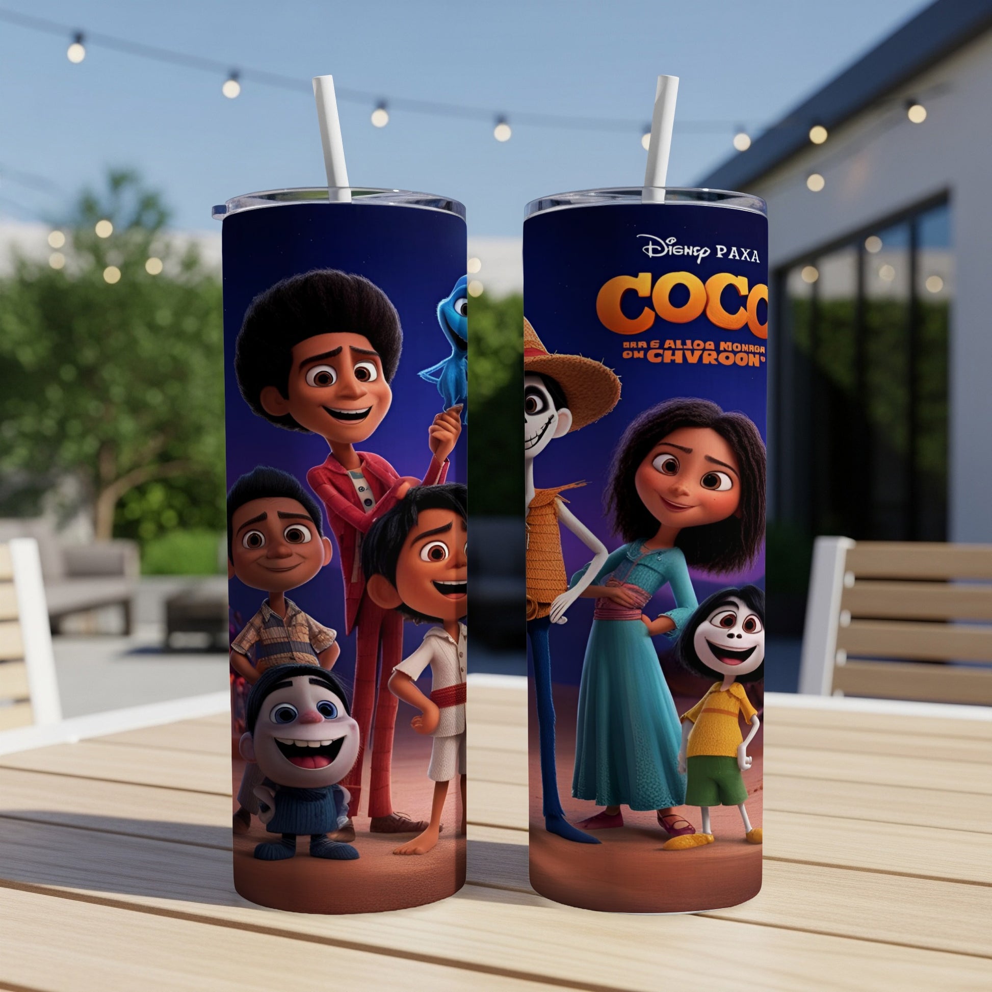 Coco movie characters Miguel, Hector, Mama Imelda and Dante on a tumbler.