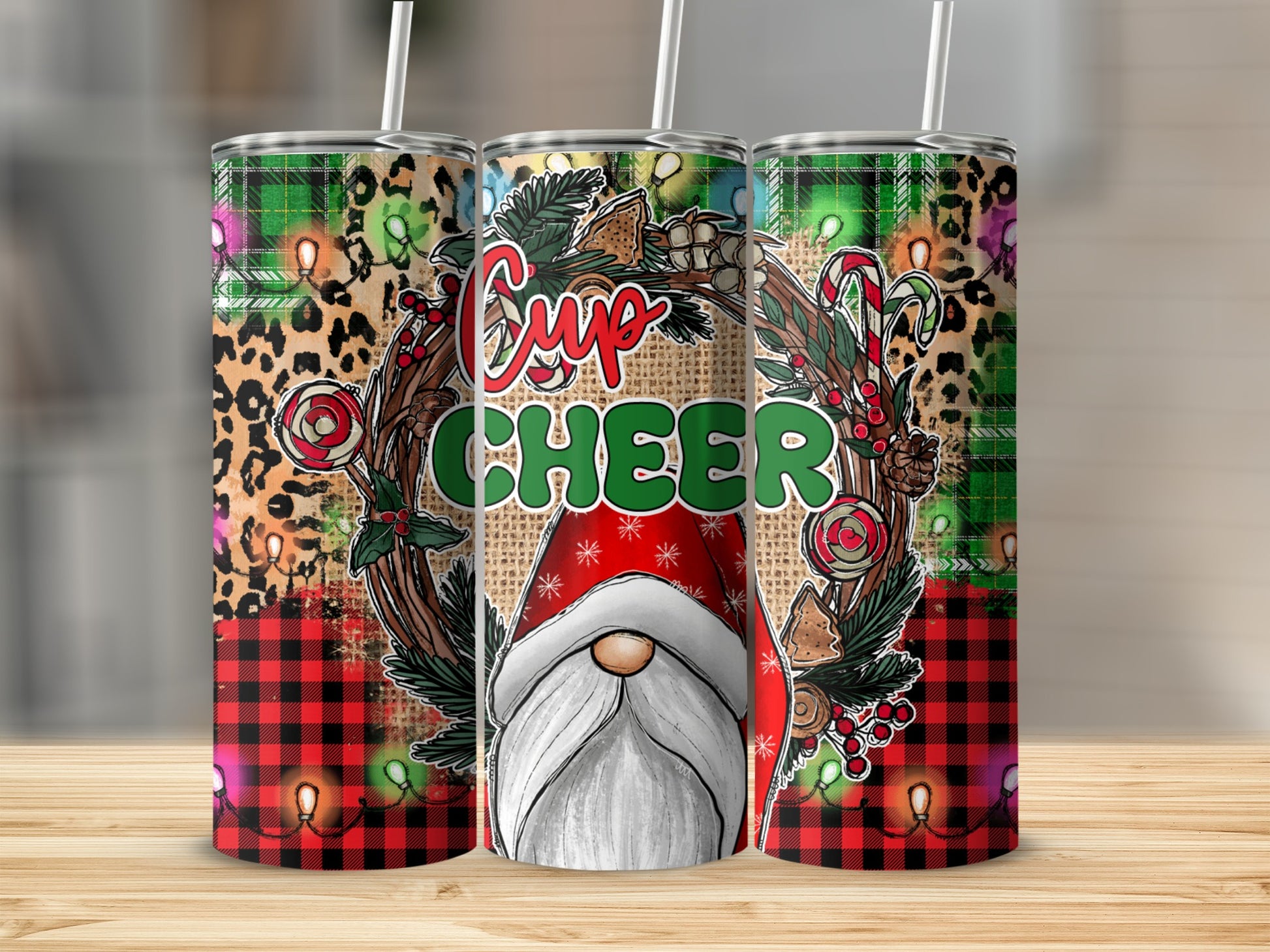 Cup Cheer gnome with Christmas wreath, candy canes, and buffalo plaid background.