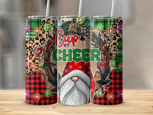 Cup Cheer gnome with Christmas wreath, candy canes, and buffalo plaid background.