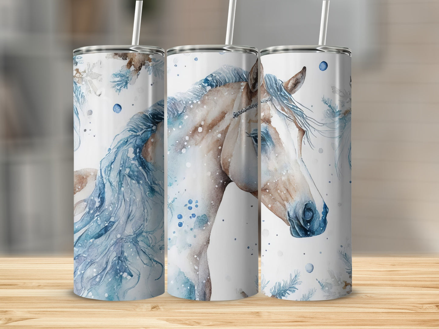 Watercolor horse with blue snowflakes and snow on a white tumbler.