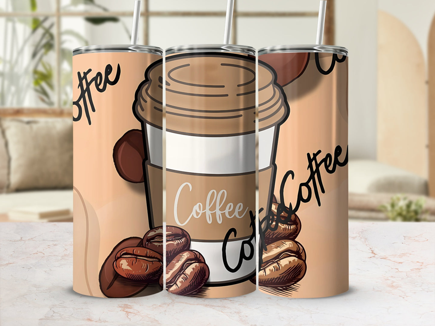 Coffee Cup and Beans Artwork Tumbler Coffee Tumbler