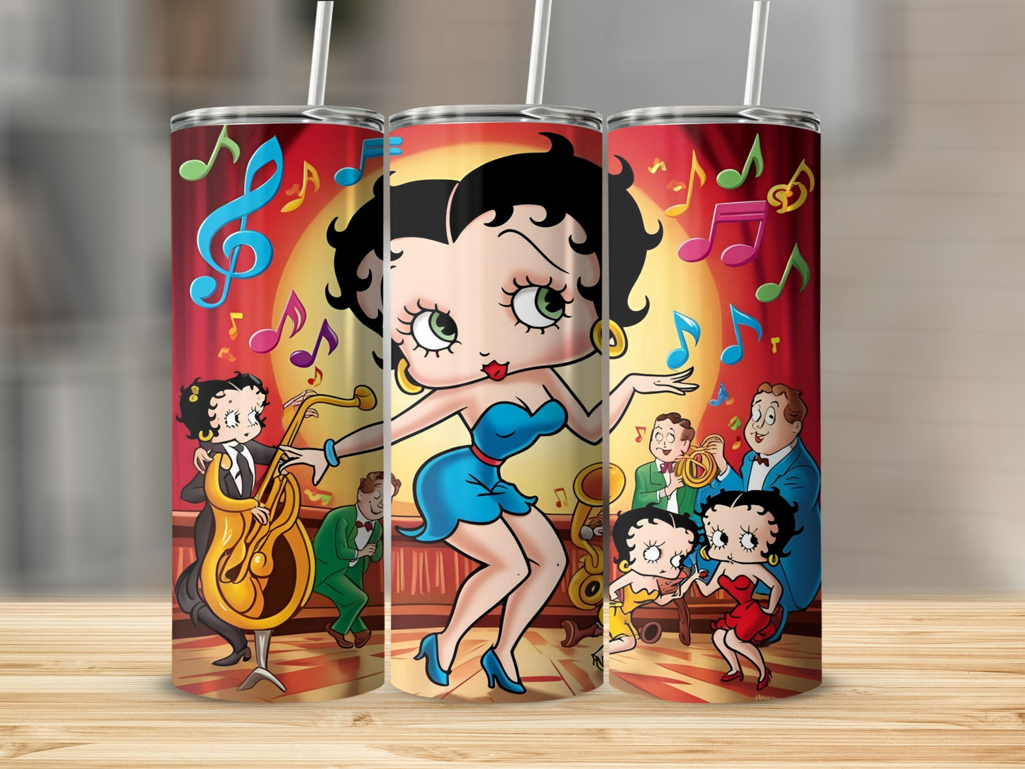 Betty Boop dancing with musicians on stage, surrounded by musical notes.