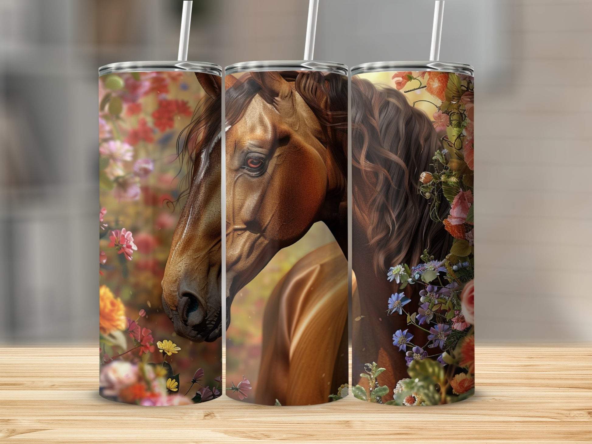 Horse portrait on a floral tumbler with straw, wooden background.