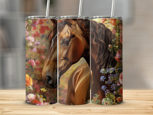 Horse portrait on a floral tumbler with straw, wooden background.